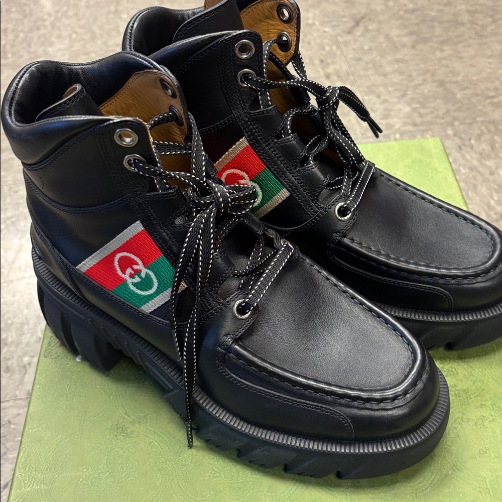 Gucci Men's Black Leather Interlocking GG Combat Ankle Boots